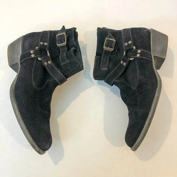 ROAN by Bed Stu Black Suede Western Bohemian Almond Toe Buckle Ankle Booties 10 - Picture 3 of 8